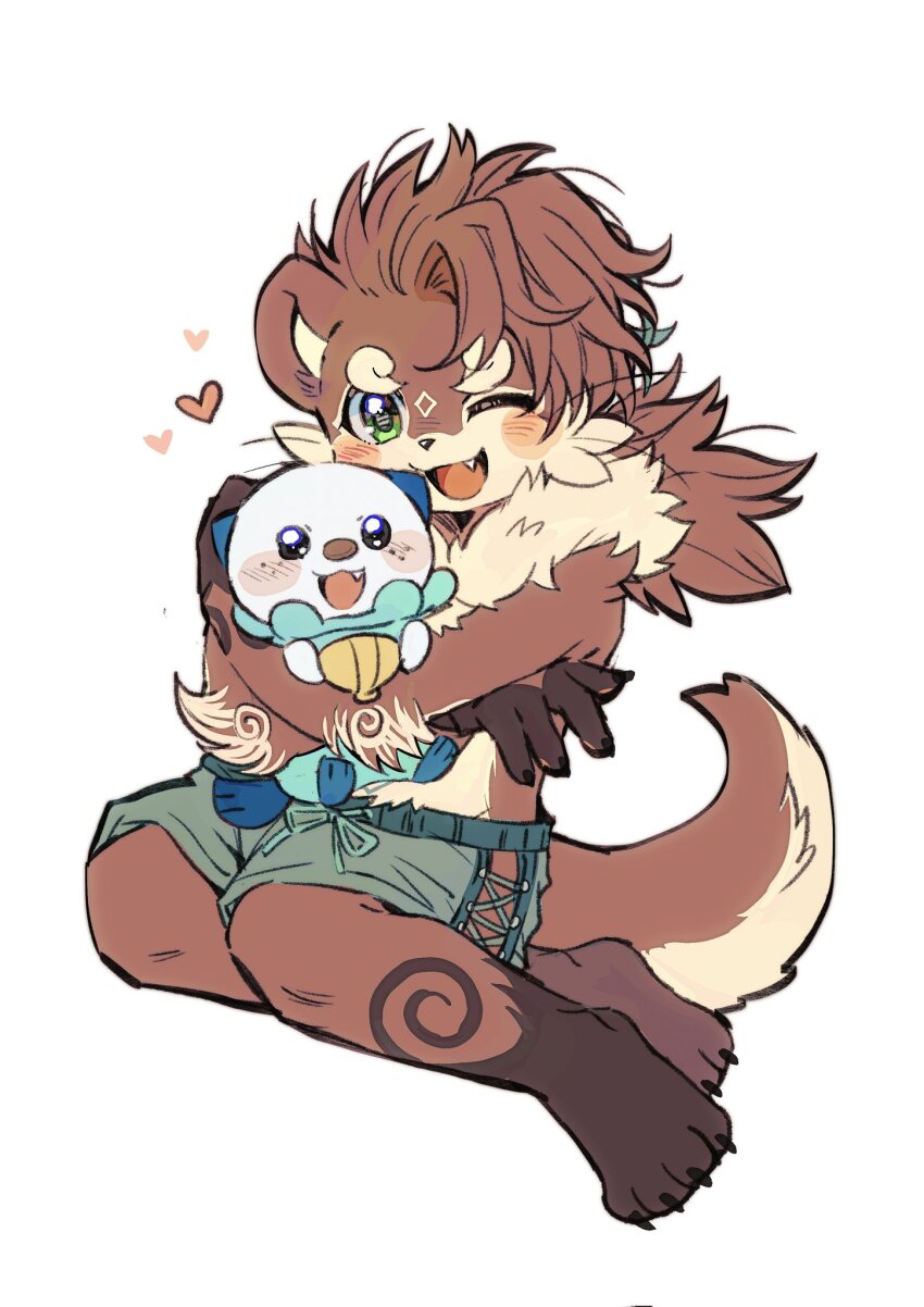 1boy, 1other, animal_ears, barefoot, blush, claws, commentary, english_commentary