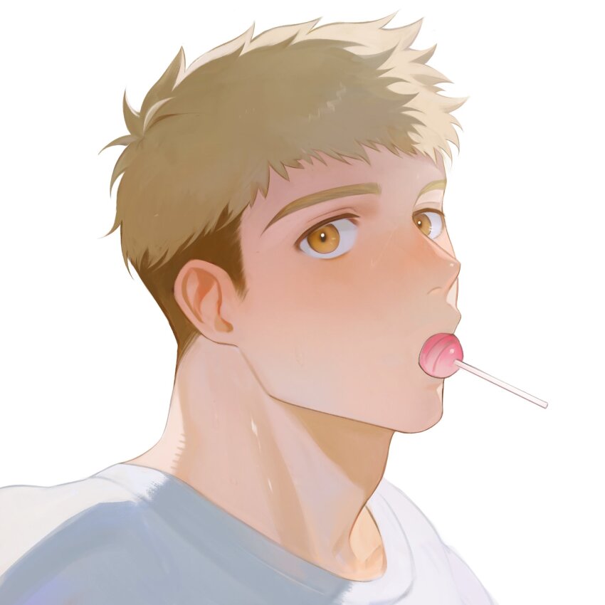1boy, adam's_apple, blonde_hair, brown_eyes, candy, commentary, crew_neck, cropped