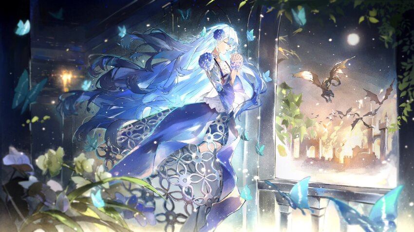 1girl, bird, blue_dress, blue_hair, blue_skirt, bug, butterfly, commentary_request, dragon, dress, flower, hair_flower, hair_ornament, highres, hinako_(myth_hydrangea), insect, lamp, leaf, long_hair, looking_at_another, moon, original, purple_dress, purple_flower, skirt, sky, thighhighs, tree, watabosi_28, white_bird, white_flower, white_thighhighs