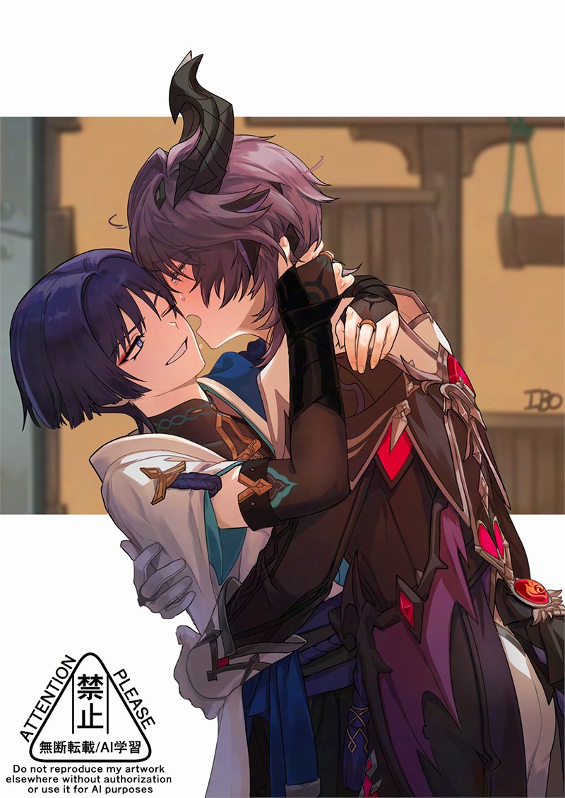 2boys, 49ibo240, artist_name, black_bridal_gauntlets, black_capelet, black_horns, black_jacket, black_shirt