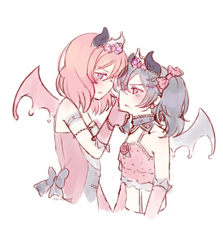 2girls, angry, back_bow, black_bow, black_collar, black_hair, black_wings, blush