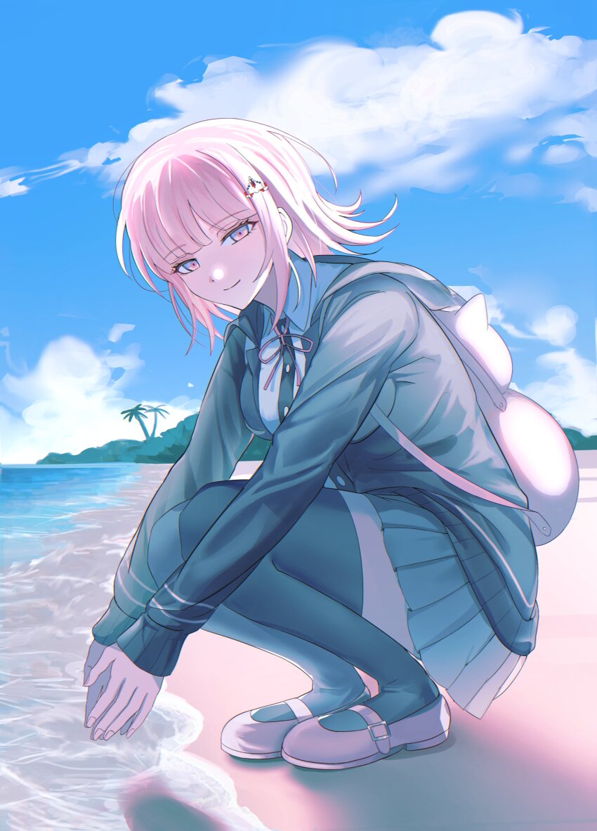 1girl, absurdres, backpack, bag, beach, black_thighhighs, breasts, brown_hair