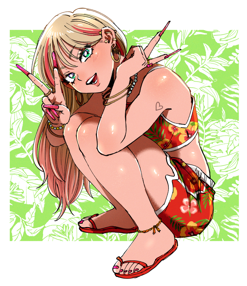 1girl, :d, bangle, bead_bracelet, bead_necklace, beads, blonde_hair, blue_eyes, bracelet, commentary_request, ear_piercing, earrings, fingernails, flip-flops, floral_print, full_body, gyaru, heart, heart_tattoo, hoop_earrings, jewelry, lipstick, long_fingernails, long_hair, makeup, multicolored_hair, necklace, okomepower, open_mouth, original, piercing, red_shorts, ring, sandals, shorts, smile, squatting, streaked_hair, tattoo, v