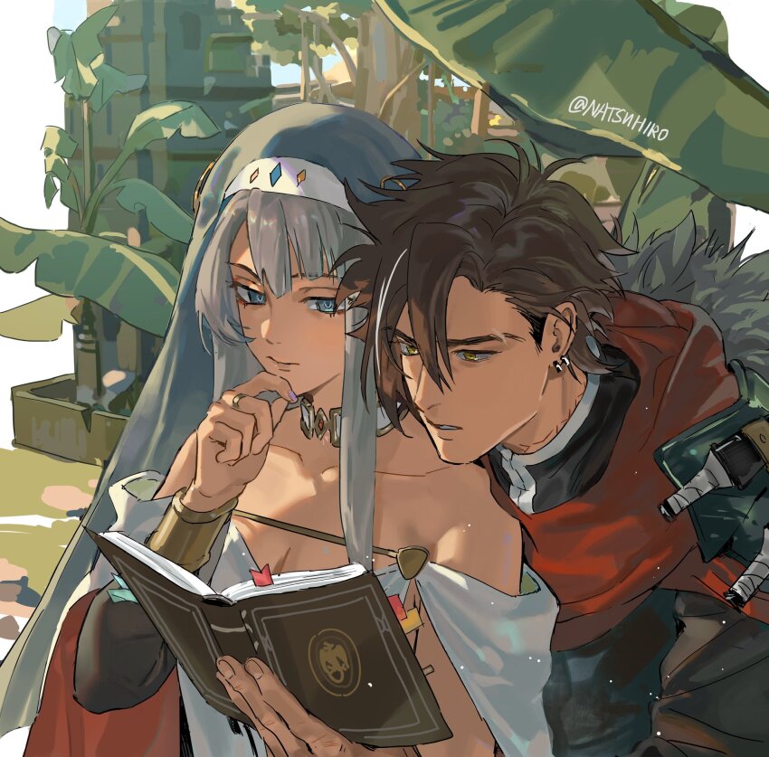 1boy, 1girl, artist_name, black_hair, blue_eyes, blue_veil, book, choker