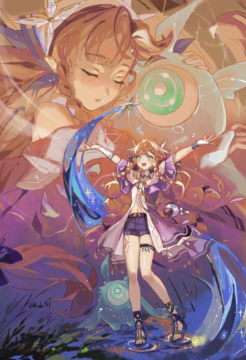 1girl, arms_up, blue_eyes, body_markings, braid, braided_sidelocks, closed_eyes, commentary_request