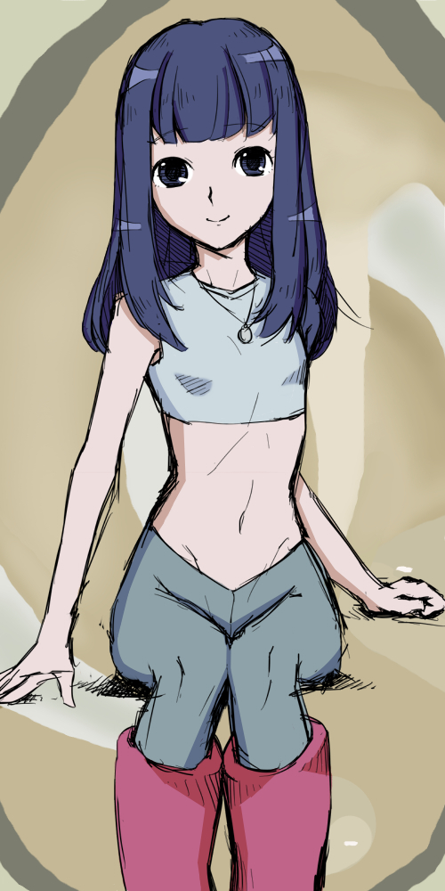 00s, 1girl, blue_eyes, blue_hair, boots, chroniko, crop_top, drawfag, female_focus, flat_chest, jewelry, kaiba, matching_hair/eyes, midriff, navel, necklace, pink_boots, solo