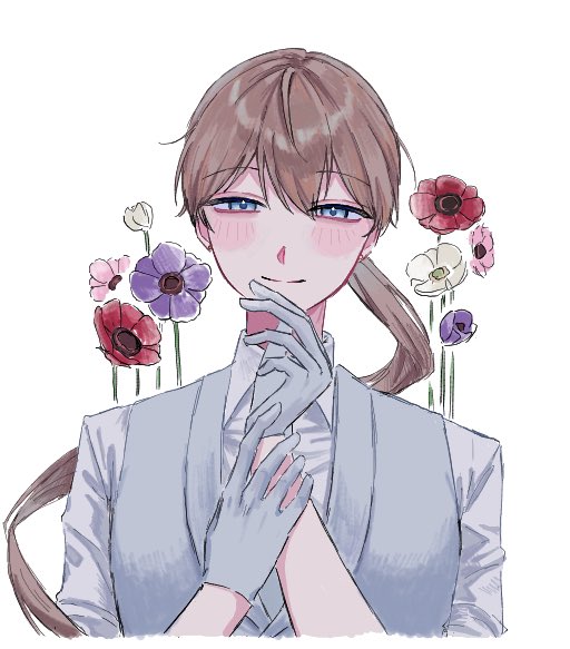 1boy, amano_mashiro, anemone_(flower), blue_eyes, blush, brown_hair, collared_shirt, commentary_request