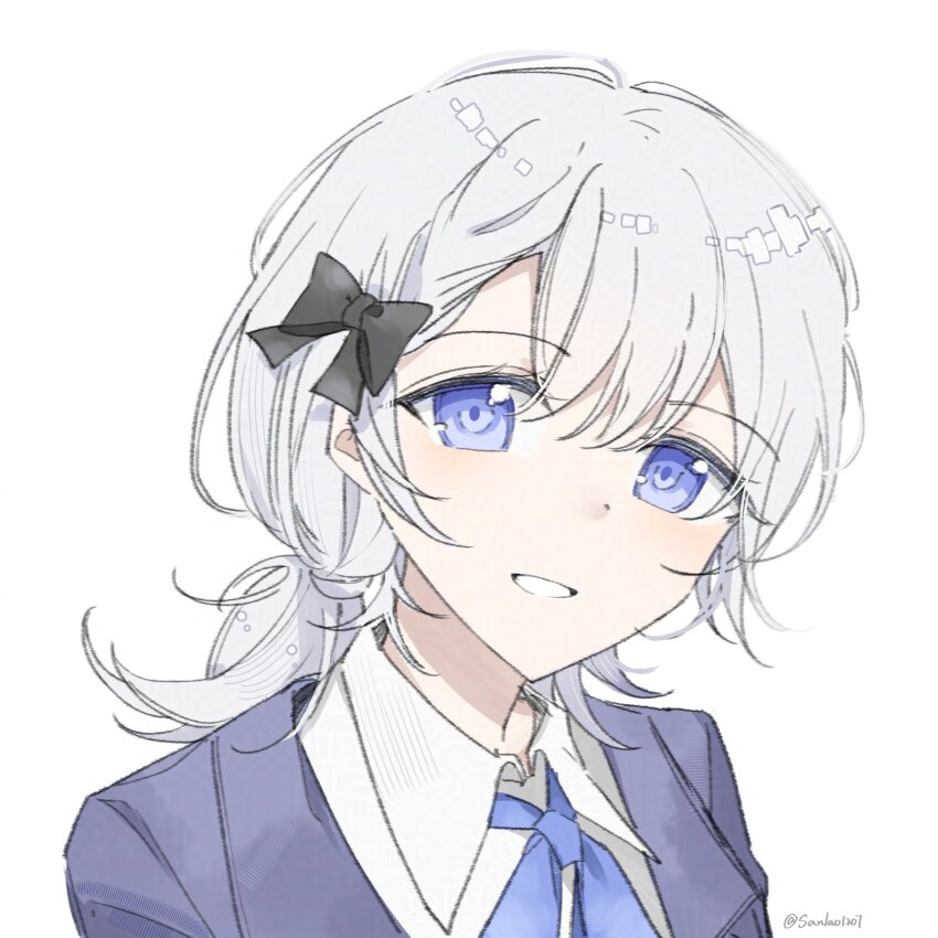 1girl, black_bow, blue_eyes, blue_jacket, bow, collared_shirt, grey_hair, hair_between_eyes