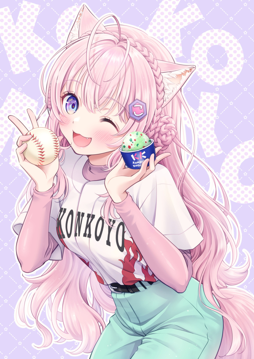 1girl, :3, :d, alternate_costume, animal_ears, antenna_hair, aqua_pants, baseball