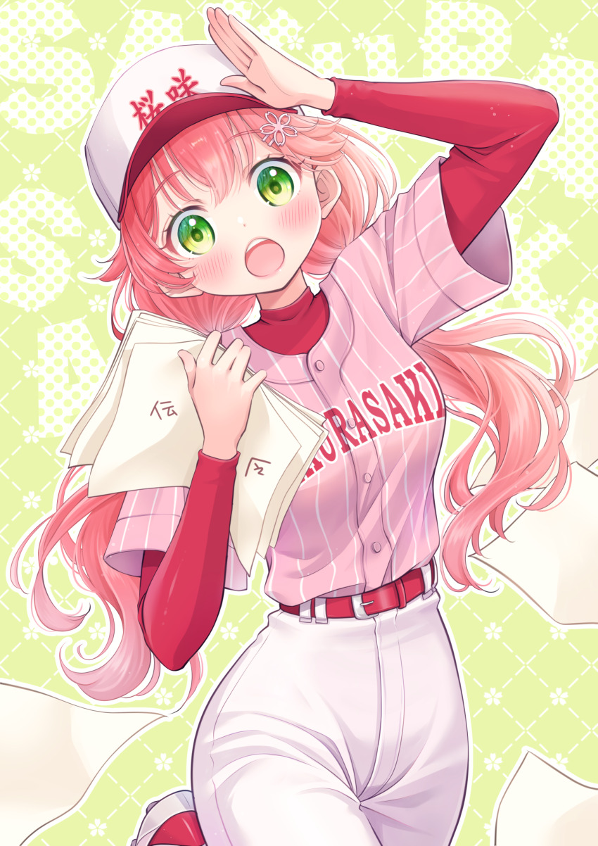 1girl, :o, baseball_cap, baseball_uniform, blush, commentary_request, flower_hairpin, green_background