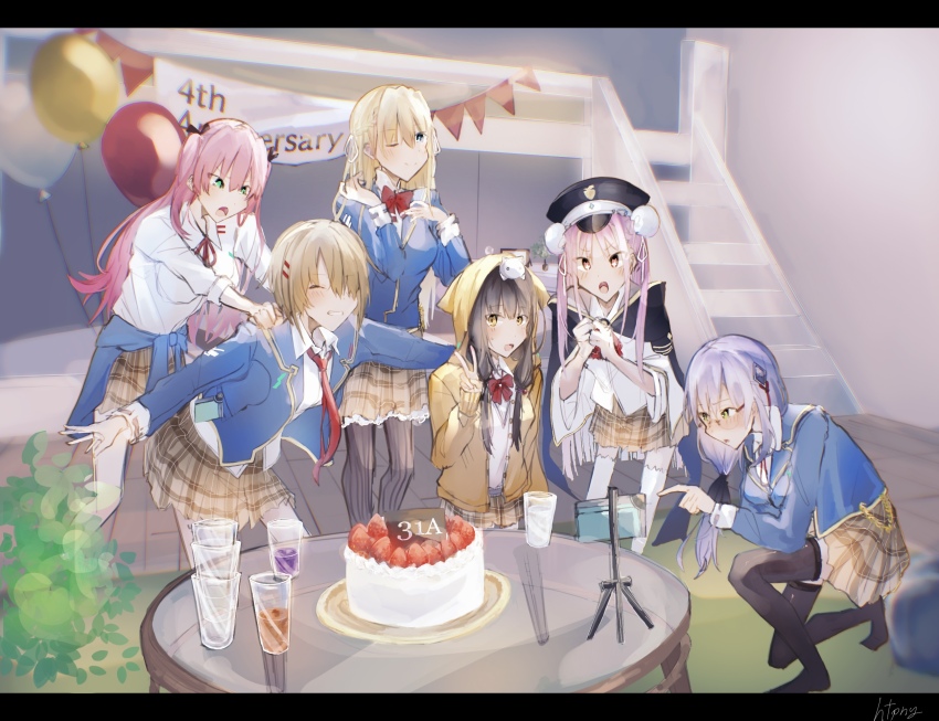 6+girls, aikawa_megumi, asakura_karen_(heaven_burns_red), balloon, black_hair, blonde_hair, bow, bowtie, brown_hair, cake, commentary_request, food, glasses, green_eyes, group_picture, hair_ornament, hairpin, heaven_burns_red, highres, hood, hooded_jacket, htpny, izumi_yuki, jacket, kayamori_ruka, kunimi_tama, long_hair, low_twintails, multiple_girls, necktie, pink_hair, purple_hair, red_bow, red_bowtie, ribbon, sailor, strawberry_cake, table, toujou_tsukasa, twintails, v