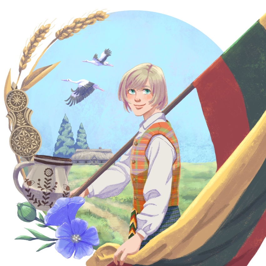 bird, blue_eyes, day, flower, highres, house, lithuanian_clothes, lithuanian_flag, madoushi_lt, orange_vest, original, outdoors, procreate_(medium), shirt, solo, standing, vest, wheat, white_shirt