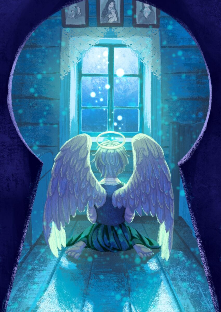 1girl, absurdres, angel, barefoot, blue_theme, facing_away, feathered_wings, full_body, halo, highres, indoors, keyhole, madoushi_lt, original, portrait_(object), procreate_(medium), short_hair, sitting, skirt, solo, white_wings, window, wings