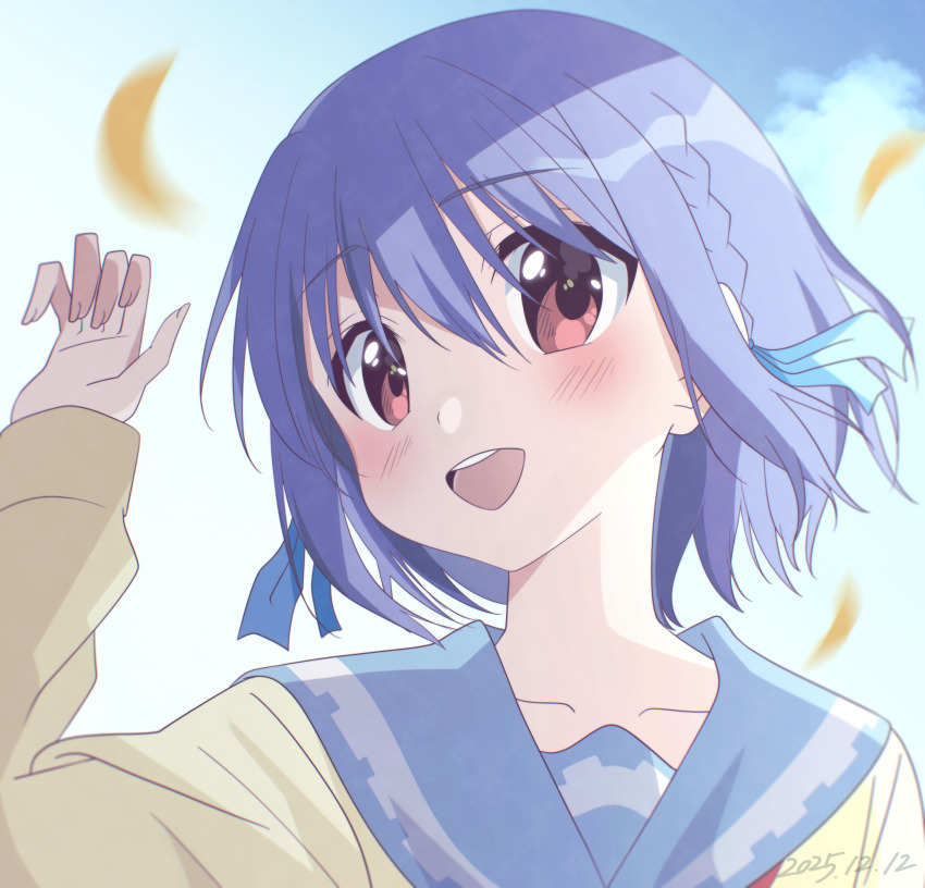 1girl, :d, blue_hair, blue_ribbon, blue_sailor_collar, blue_sky, blush, braid