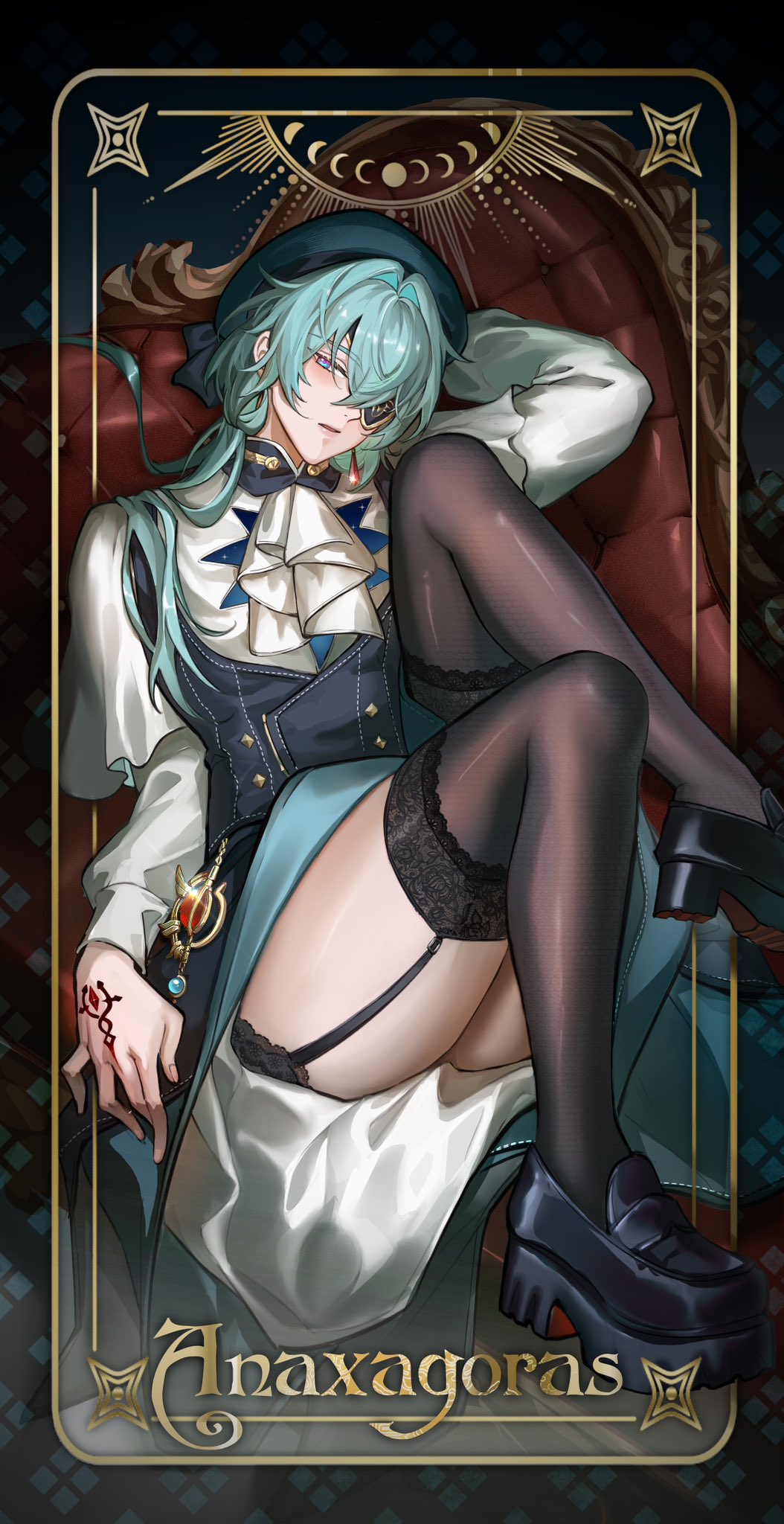 1boy, anaxa_(honkai:_star_rail), anaxa_(impression)_(honkai:_star_rail), aqua_hair, arm_behind_head, arm_up, ascot, black_shoes