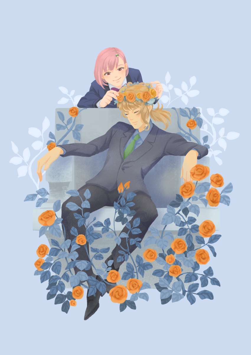 1boy, 1girl, absurdres, adjusting_another's_headwear, black_pants, blazer, closed_eyes, commentary_request