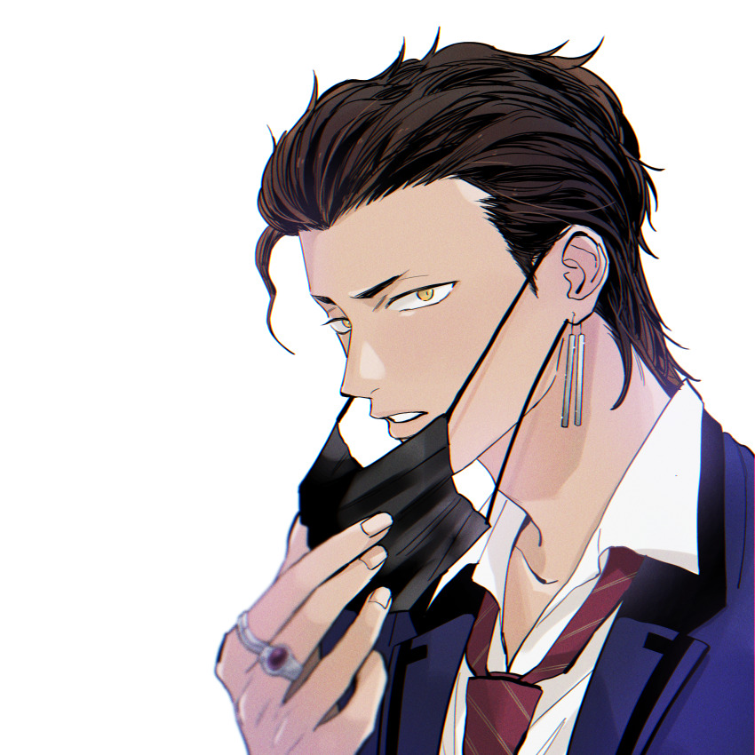 1boy, blue_jacket, blurry, blurry_foreground, commentary_request, ear_piercing, highres, jacket