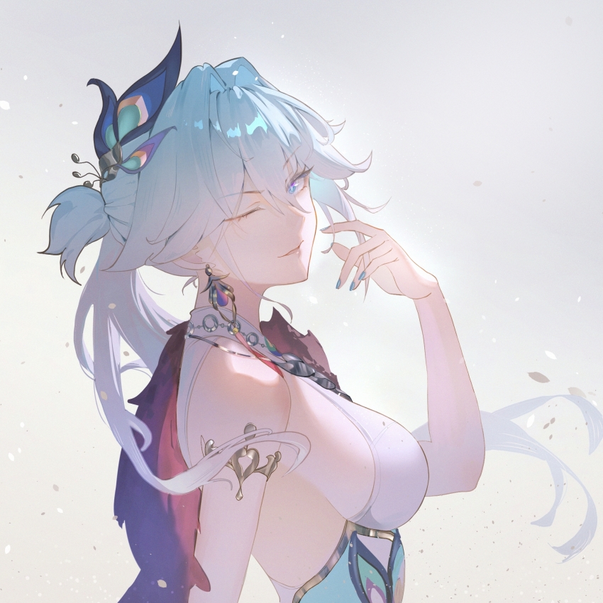 1girl, ;), aqua_dress, aqua_nails, breasts, chinese_commentary, commentary_request, dress