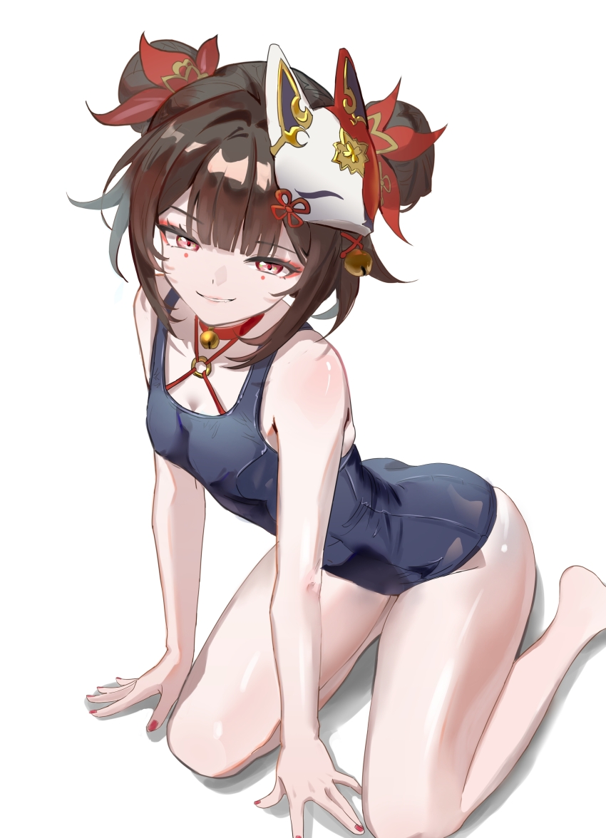 1girl, absurdres, alternate_hairstyle, bell, blue_one-piece_swimsuit, brown_hair, butterfly-shaped_pupils, chinese_commentary, choker, commentary_request, criss-cross_halter, double_bun, fox_mask, hair_bun, half-closed_eyes, halterneck, he_jiu, highres, honkai:_star_rail, honkai_(series), kneeling, looking_at_viewer, mark_under_both_eyes, mask, mask_on_head, naughty_face, neck_bell, one-piece_swimsuit, pink_eyes, red_choker, red_nails, school_swimsuit, shiny_skin, short_hair, simple_background, sparkle_(honkai:_star_rail), swimsuit, symbol-shaped_pupils, white_background