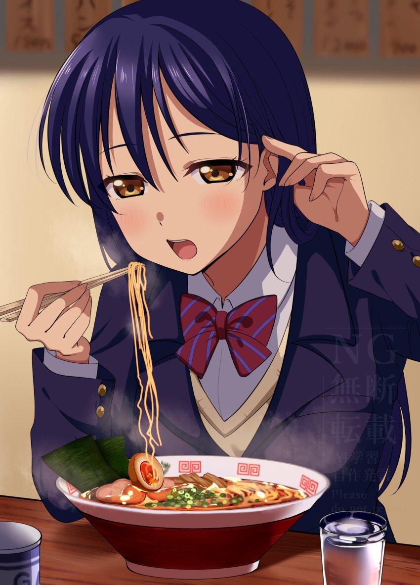 1girl, blazer, blue_hair, blue_jacket, blurry, blurry_background, bow, bowtie