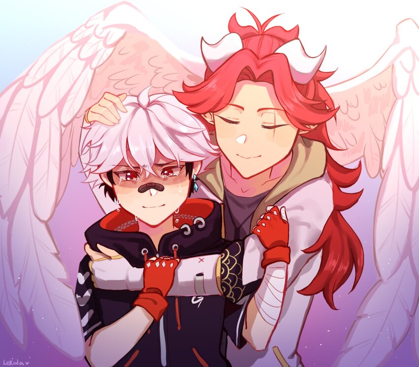 2boys, angel_wings, bandaged_arm, bandages, bandaid, bandaid_on_face, bandaid_on_nose, black_hair, black_jacket, black_shirt, check_commentary, commentary_request, crying, crying_with_eyes_open, dragon_boy, dragon_horns, eastern_dragon_horns, feathered_wings, fingerless_gloves, gloves, highres, horns, jacket, lekala, long_hair, male_focus, multicolored_hair, multiple_boys, neobaka, portuguese_commentary, red_eyes, shirt, short_hair, tears, thomas_eerie, toshiruz_(vtuber), white_hair, wings