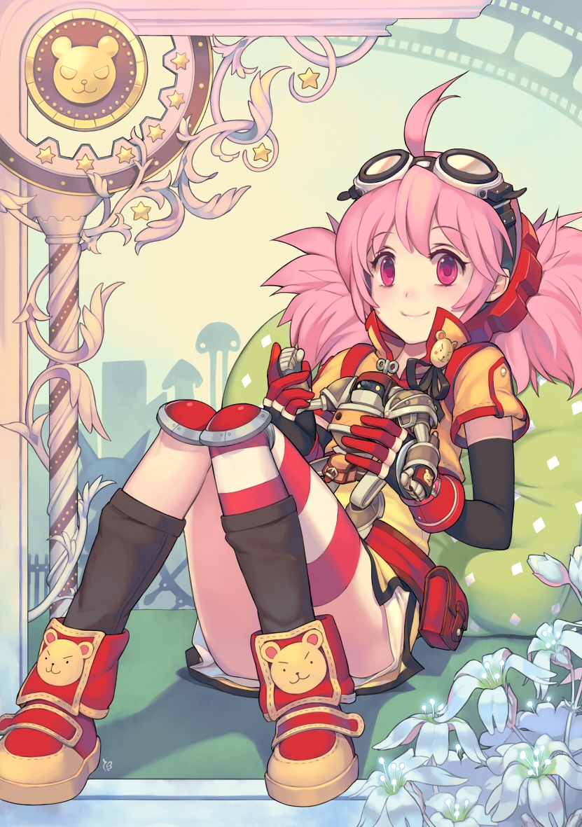 1000marie, 1girl, ahoge, female_focus, goggles, pink_eyes, pink_hair, pinko, shoes, single_thighhigh, sitting, smile, solo, striped_clothes, striped_thighhighs, tartaros_online, thighhighs