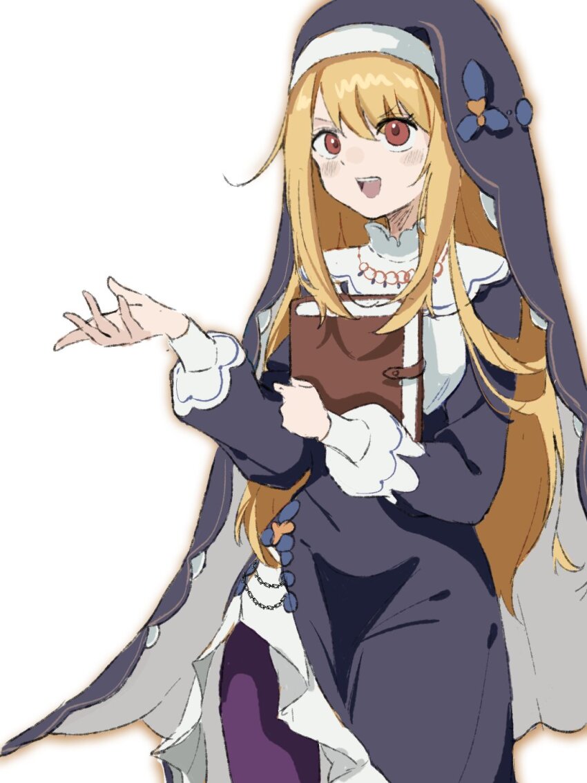 1girl, :d, black_dress, blonde_hair, blush, book, commentary_request, dress