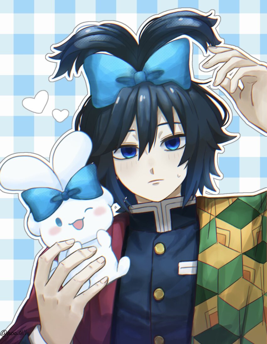 1boy, alternate_hairstyle, arm_up, black_hair, black_jacket, blue_bow, blue_eyes, bow, buttons, cinnamoroll, commentary_request, crossover, empty_eyes, fuwa_fuwa_cinnamoroll, gold_buttons, hair_between_eyes, hair_bow, haori, heart, highres, holding, jacket, japanese_clothes, kikkoumon, kimetsu_no_yaiba, long_hair, looking_at_viewer, low_ponytail, male_focus, nao_0111, ponytail, print_haori, red_haori, sanrio, solo, spiked_hair, sweatdrop, tomioka_giyuu, upper_body