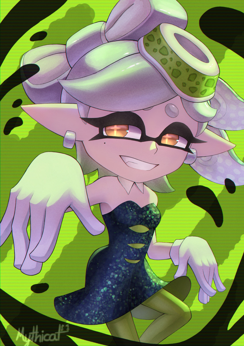 1girl, absurdres, artist_name, black_dress, bow-shaped_hair, commentary, detached_collar, dress