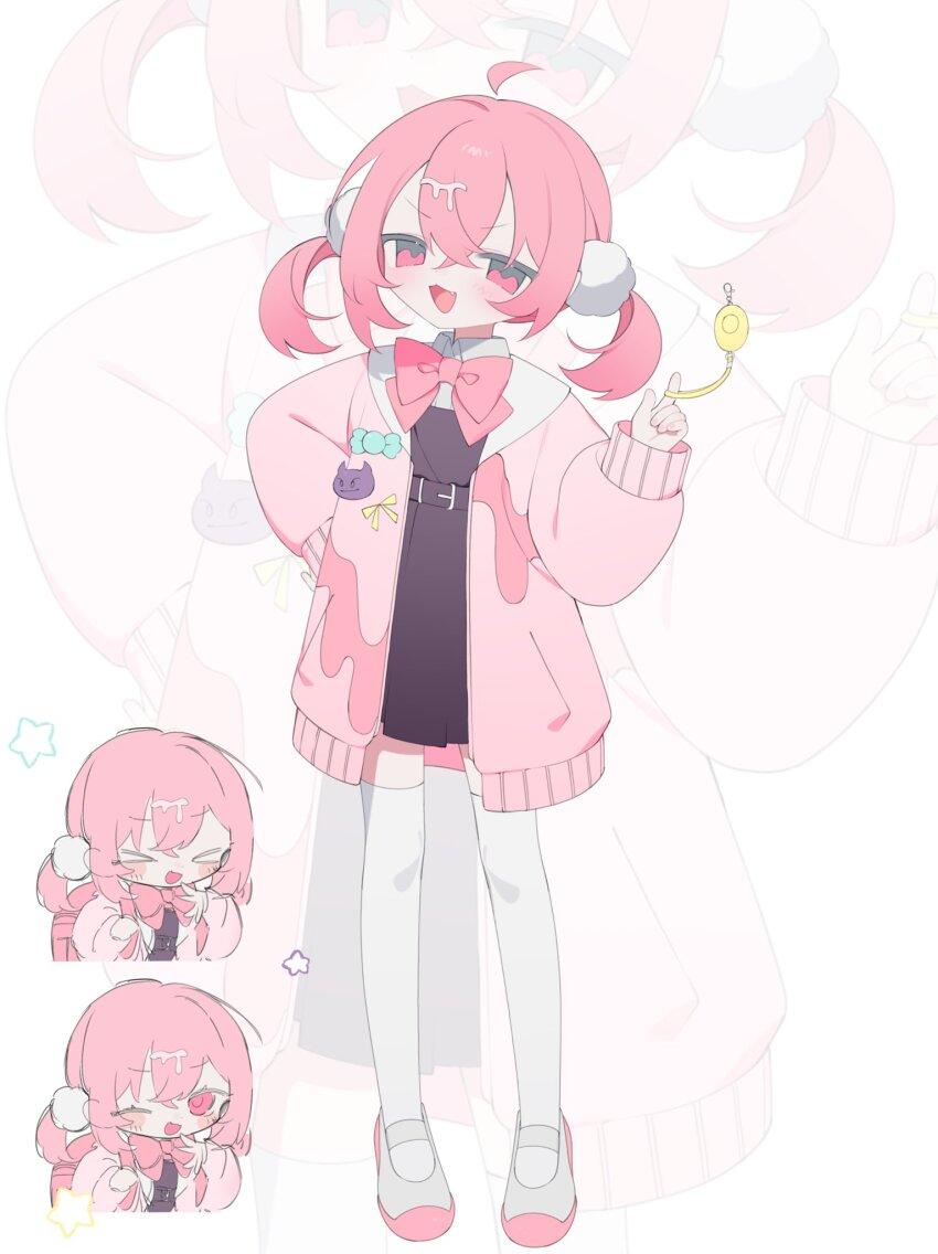1girl, ahoge, bow, bowtie, crime_prevention_buzzer, dress, full_body, highres, jacket, loli, looking_at_viewer, multiple_expressions, open_clothes, open_jacket, open_mouth, original, pink_bow, pink_bowtie, pink_eyes, pink_hair, pink_jacket, sakakiai, shoes, short_dress, standing, thighhighs, twintails, uwabaki, white_thighhighs, zoom_layer