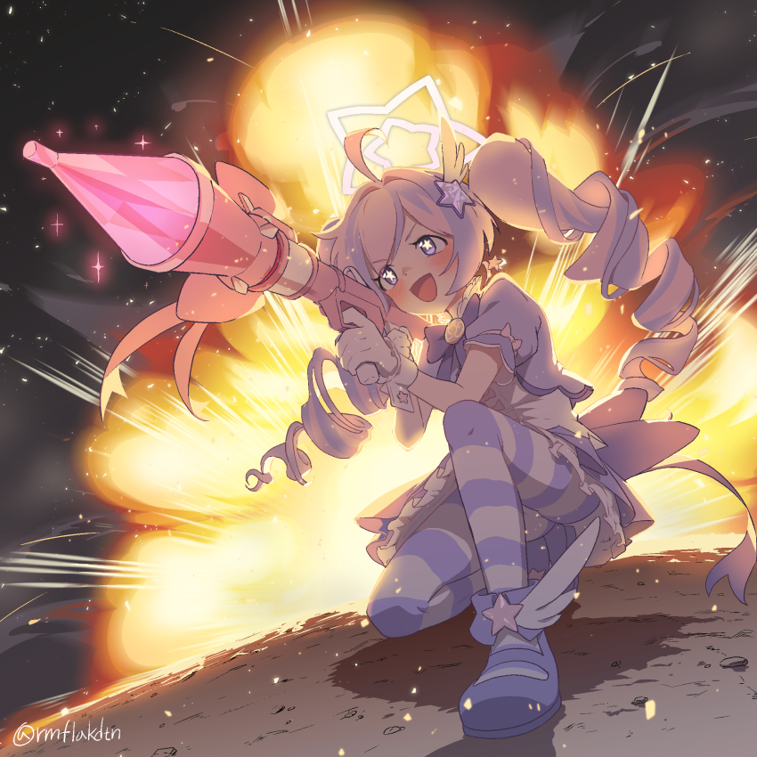 1girl, :d, ahoge, backscratcher777, blue_archive, bow, bowtie, commentary_request, dress, drill_hair, earrings, explosion, frilled_dress, frills, gloves, hair_ornament, halo, highres, holding, holding_rocket_launcher, holding_weapon, jewelry, long_hair, magical_girl, multicolored_hair, on_one_knee, open_mouth, pantyhose, pink_hair, purple_bow, purple_bowtie, purple_dress, purple_eyes, purple_hair, purple_pantyhose, reisa_(blue_archive), reisa_(magical)_(blue_archive), rocket_launcher, rpg, rpg-7, rpg_(weapon), shoes, short_sleeves, smile, solo, star-shaped_pupils, star_(symbol), star_earrings, star_hair_ornament, star_halo, striped_clothes, striped_pantyhose, symbol-shaped_pupils, twin_drills, twintails, two-tone_hair, two-tone_pantyhose, weapon, white_gloves, white_halo, wing_hair_ornament, winged_shoes, wings