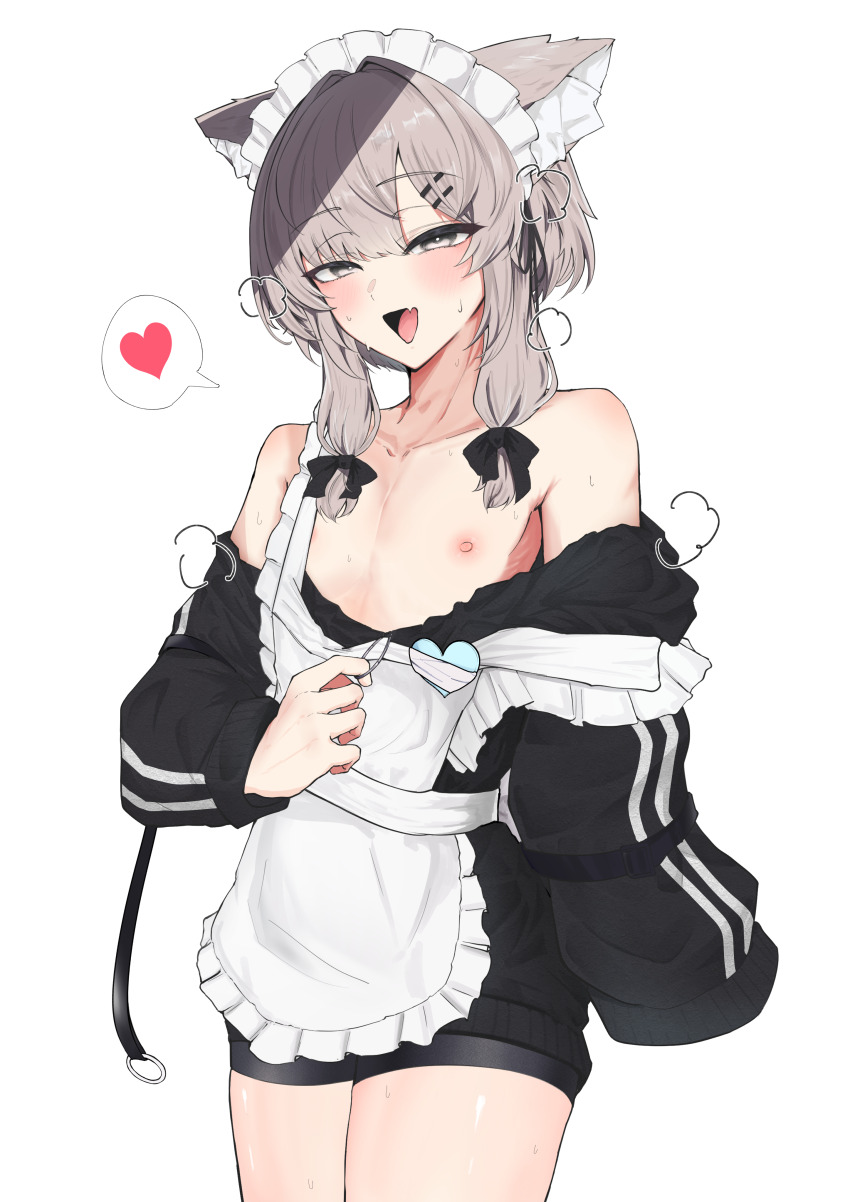 1boy, :d, absurdres, animal_ears, apron, black_bow, black_jacket, black_shorts