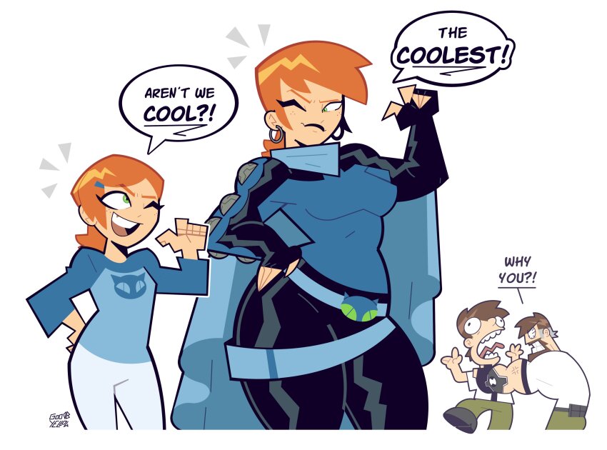 2boys, 2girls, absurdres, aged_up, artist_name, ben_10, ben_10000, ben_tennyson