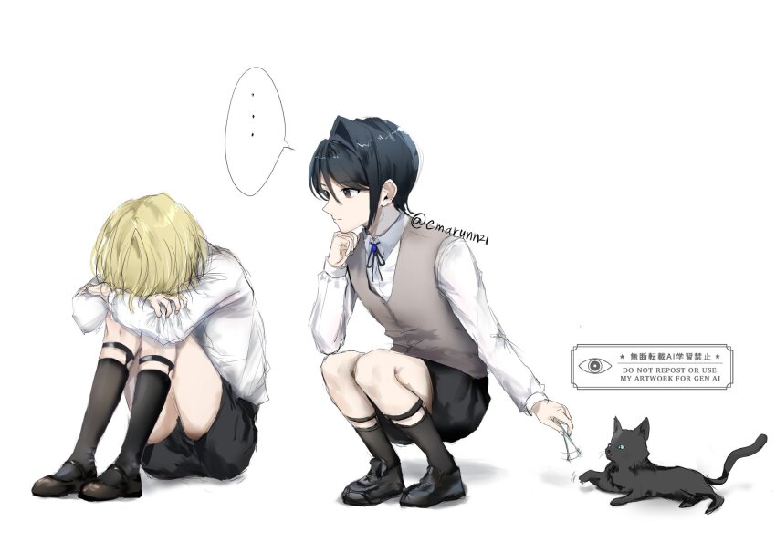 ..., 2boys, aged_down, alfons_sylvatica, black_cat, black_eyes, black_hair, black_shoes, black_shorts, blonde_hair, blue_ribbon, brown_shoes, cat, child, commentary_request, elbert_greetia, emarunn21, grey_vest, hair_intakes, hand_on_own_chin, head_rest, highres, holding, hugging_own_legs, ikemen_villain, kneehighs, legwear_garter, long_sleeves, looking_at_another, male_focus, multiple_boys, neck_ribbon, playing_with_animal, ribbon, sad, shirt, shoes, short_hair, shorts, simple_background, sitting, socks, speech_bubble, spoken_ellipsis, squatting, twitter_username, vest, watermark, white_background, white_shirt