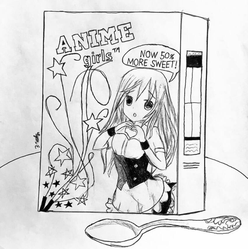 1girl, cereal, cereal_box, english_text, facing_viewer, heart, heart_hands, looking_at_viewer