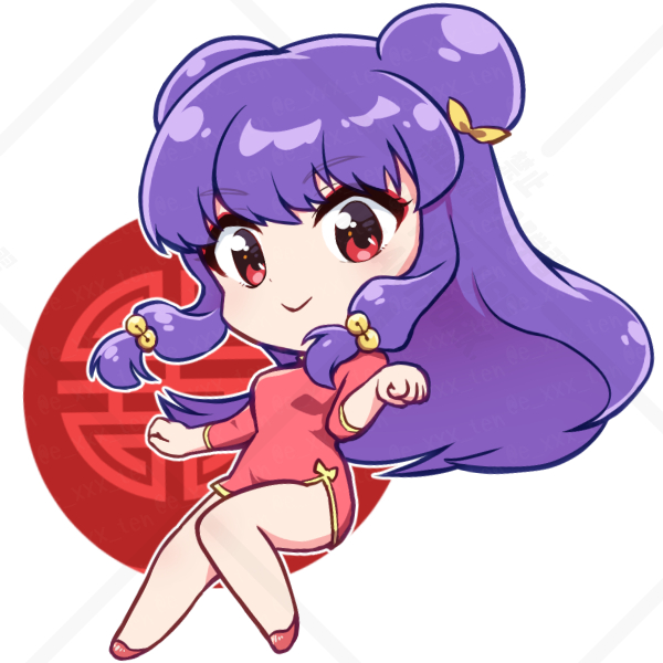 1girl, chibi, china_dress, chinese_clothes, commentary_request, double_bun, dress, eten_(faddish), hair_bun, hair_ornament, long_hair, purple_hair, ranma_1/2, red_eyes, shampoo_(ranma_1/2), simple_background, smile, solo