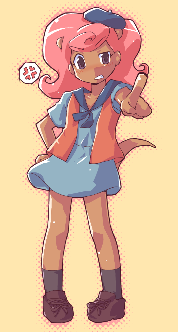 1girl, 2000s_(style), anger_vein, animal_ears, animification, beret, black_socks, blue_dress