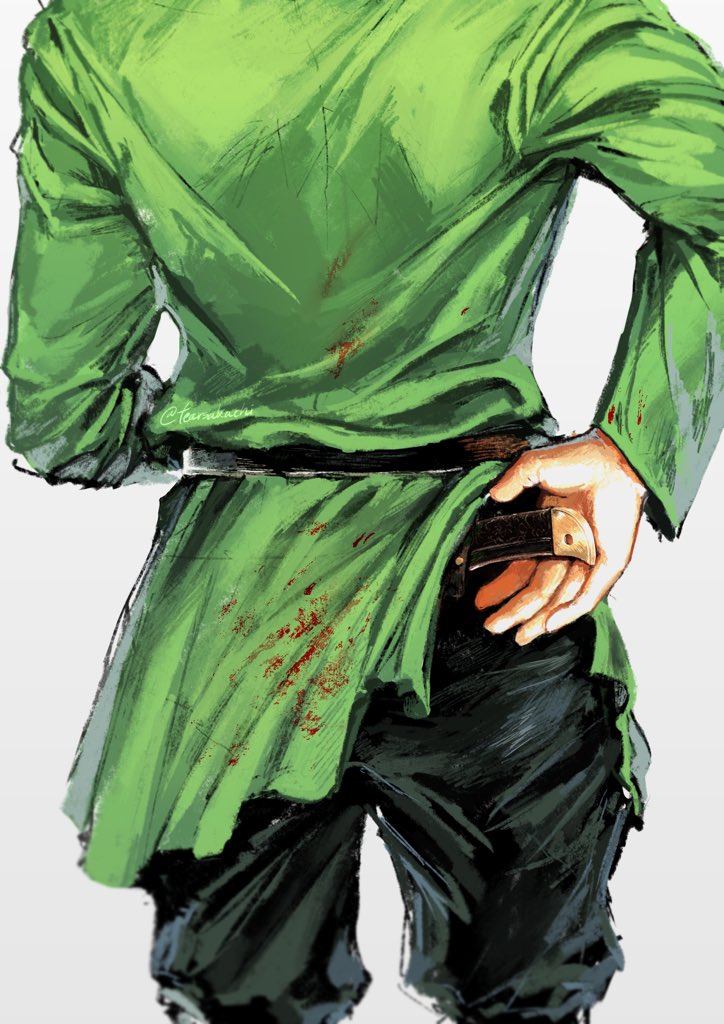 1boy, belt, black_belt, black_pants, blood, blood_on_clothes, chi.:_chikyuu_no_undou_ni_tsuite, from_behind