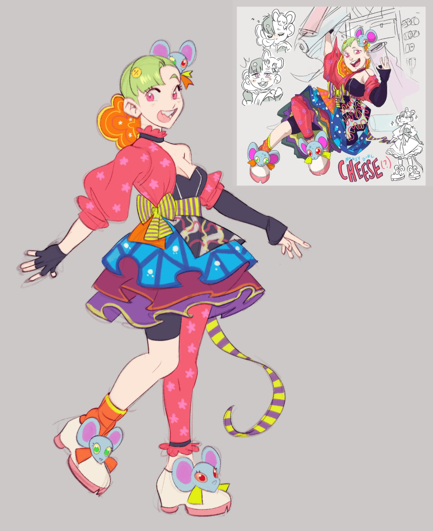 1girl, absurdres, animal_hair_ornament, asymmetrical_legwear, blunt_bangs, bow, breasts, buck_teeth