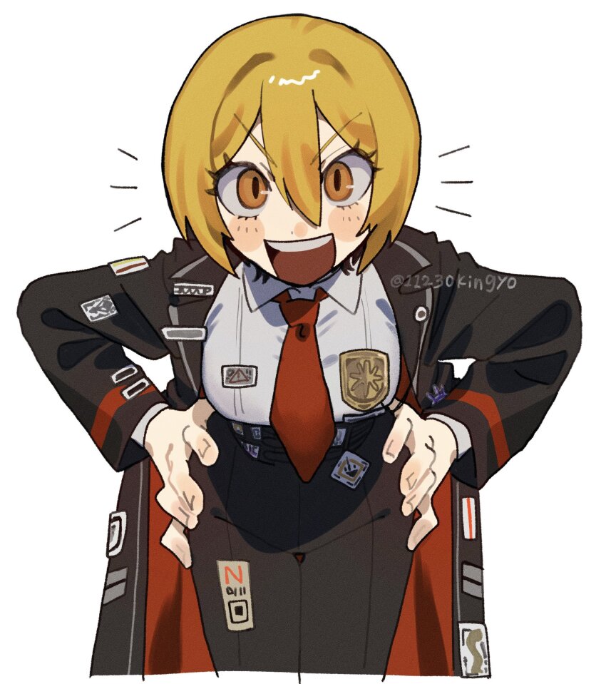 11230kingyo, 1girl, :d, artist_name, black_jacket, black_pants, blonde_hair, collared_shirt