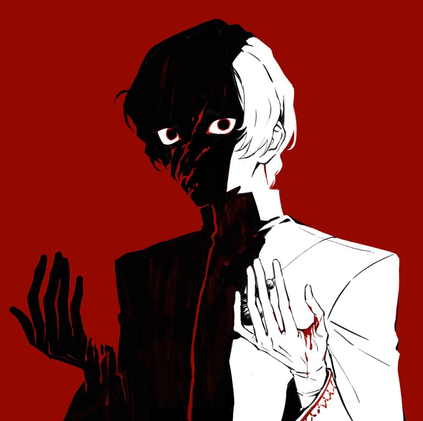 1boy, arjuna_(fate), blending, blood, blood_on_face, blood_on_hands, blood_splatter, coat, eyes_in_shadow, fate/grand_order, fate_(series), hands_up, highres, iiaknekust, long_sleeves, looking_at_viewer, male_focus, red_background, red_theme, short_hair, simple_background, solo, upper_body