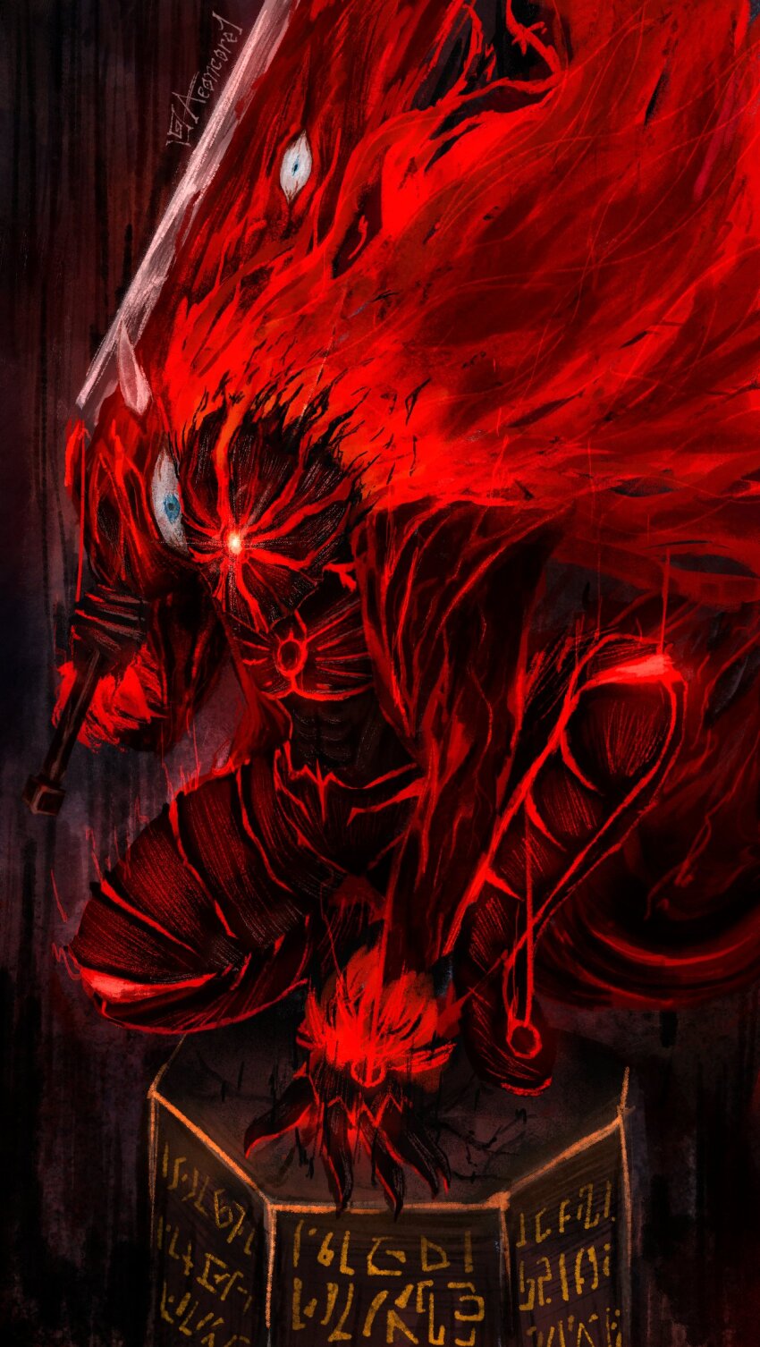 1girl, aeoncore1, arm_support, armor, artist_name, berserk, black_armor, clawed_gauntlets, e.g.o_(project_moon), floating_hair, full_armor, full_body, gebura_(project_moon), glowing, glowing_eye, highres, holding, holding_sword, holding_weapon, huge_weapon, library_of_ruina, lobotomy_corporation, mask, mimicry_(e.g.o), on_pillar, one-eyed, over_shoulder, pillar, pose_imitation, project_moon, red_hair, red_theme, solo, squatting, sword, sword_over_shoulder, weapon, weapon_over_shoulder