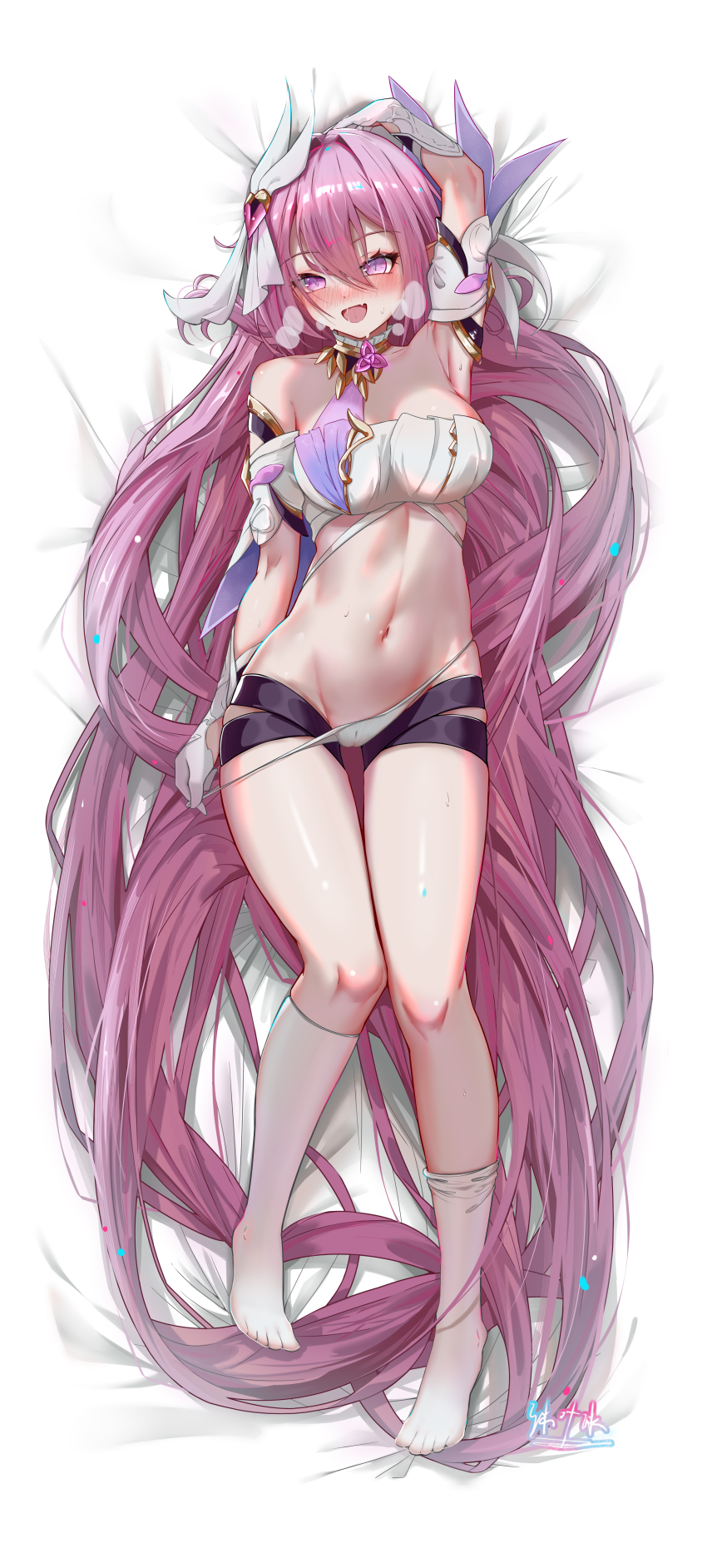 1girl, absurdres, adapted_costume, bai_ze:_mu_ye_bing, black_shorts, breasts, commentary_request, crop_top, dakimakura_(medium), diamond-shaped_pupils, diamond_(shape), elysia_(herrscher_of_human:_ego)_(honkai_impact), elysia_(honkai_impact), heavy_breathing, highres, honkai_(series), honkai_impact_3rd, large_breasts, long_hair, looking_at_viewer, lying, multicolored_hair, navel, no_shoes, on_back, panties, pink_hair, purple_eyes, shorts, socks, solo, stomach, symbol-shaped_pupils, toes, triquetra, two-tone_hair, underwear, very_long_hair, white_hair, white_panties, white_socks