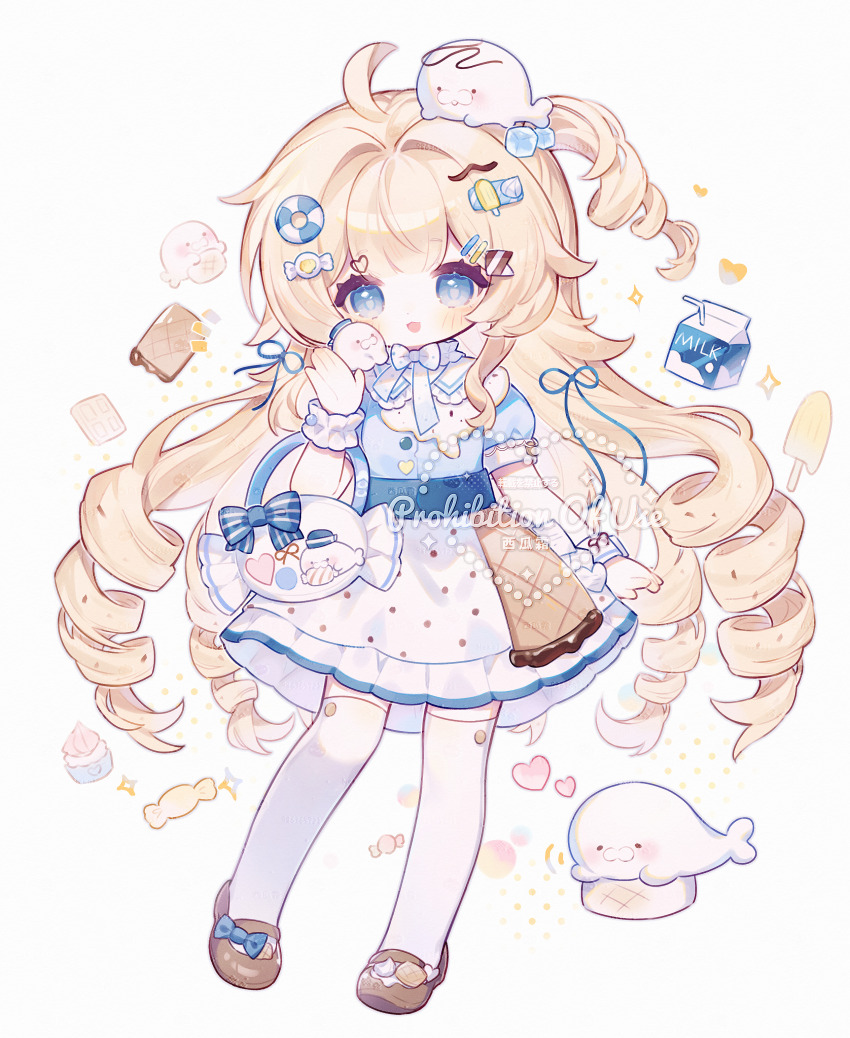 1girl, absurdres, ahoge, bag, blonde_hair, blue_bow, blue_eyes, blue_shirt, blush, bow, buttons, dongnanbeixigua, dress, drill_hair, drink_carton, food, food-themed_hair_ornament, frills, full_body, hair_ornament, hairclip, heart, highres, ice_cream, long_hair, looking_at_viewer, milk_carton, open_mouth, original, puffy_short_sleeves, puffy_sleeves, sample_watermark, shirt, shoes, short_sleeves, simple_background, skirt, smile, solo, thighhighs, very_long_hair, watermark, white_background, white_skirt, white_thighhighs, wrist_cuffs