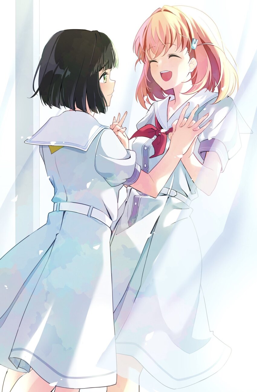 2girls, :d, ^_^, black_hair, blue_dress, blunt_bangs, blunt_ends, bob_cut, cerise_bouquet, closed_eyes, closed_mouth, commentary_request, crossed_bangs, curtains, dress, facing_another, feet_out_of_frame, green_eyes, haguruma_(89ru0), hair_intakes, hair_ornament, hasu_no_sora_school_uniform, highres, hinoshita_kaho, holding_hands, indoors, interlocked_fingers, link!_like!_love_live!, looking_at_another, love_live!, medium_dress, medium_hair, momose_ginko, multiple_girls, neckerchief, open_mouth, orange_hair, pleated_dress, puffy_short_sleeves, puffy_sleeves, rabbit_hair_ornament, red_neckerchief, sailor_collar, sailor_dress, school_uniform, short_hair, short_sleeves, smile, summer_uniform, two_side_up, virtual_youtuber, white_sailor_collar, yellow_neckerchief, yuri