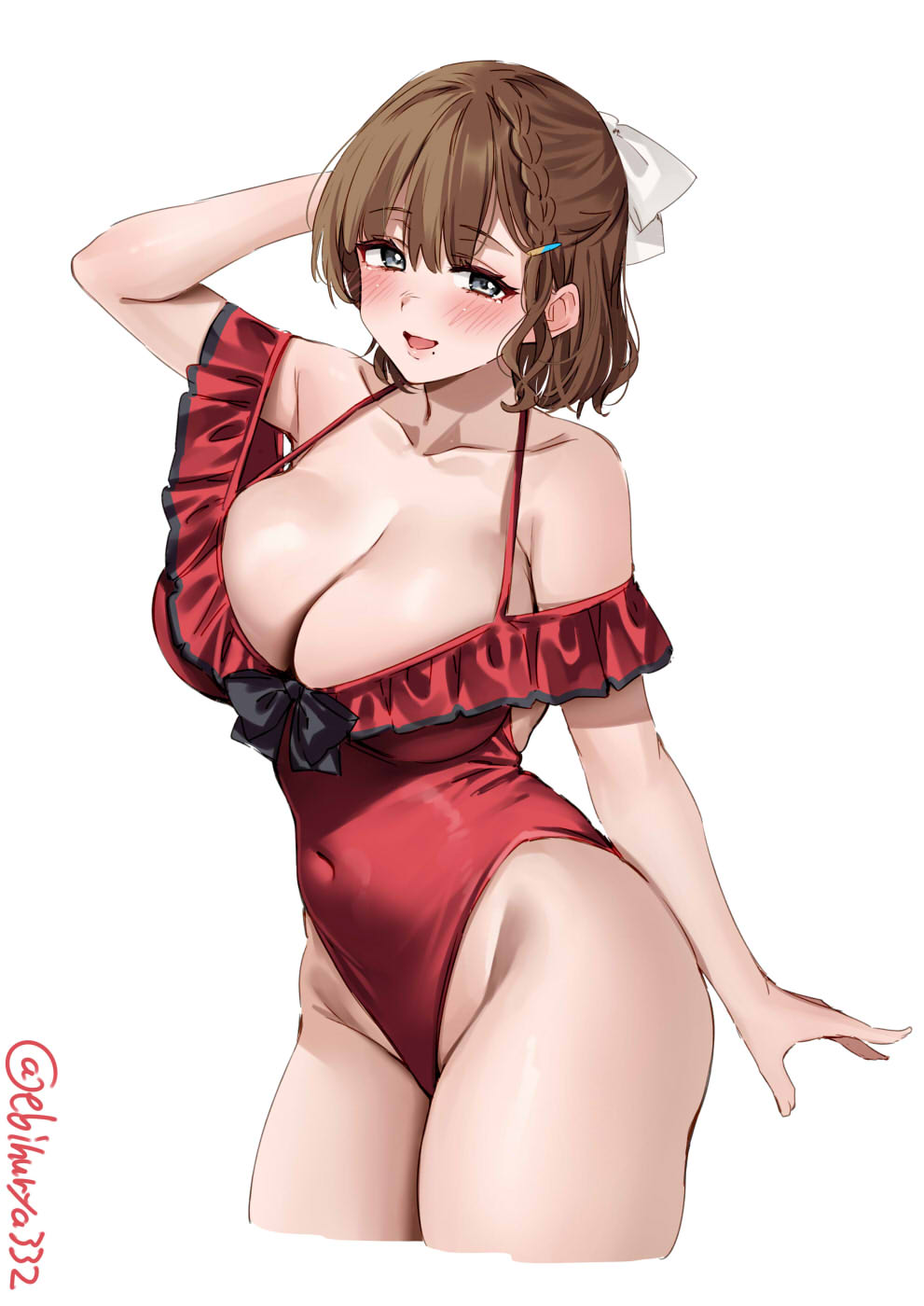 1girl, arm_behind_head, arm_up, artist_name, asahi_(kancolle), asahi_(swimsuit)_(kancolle), blush, braid