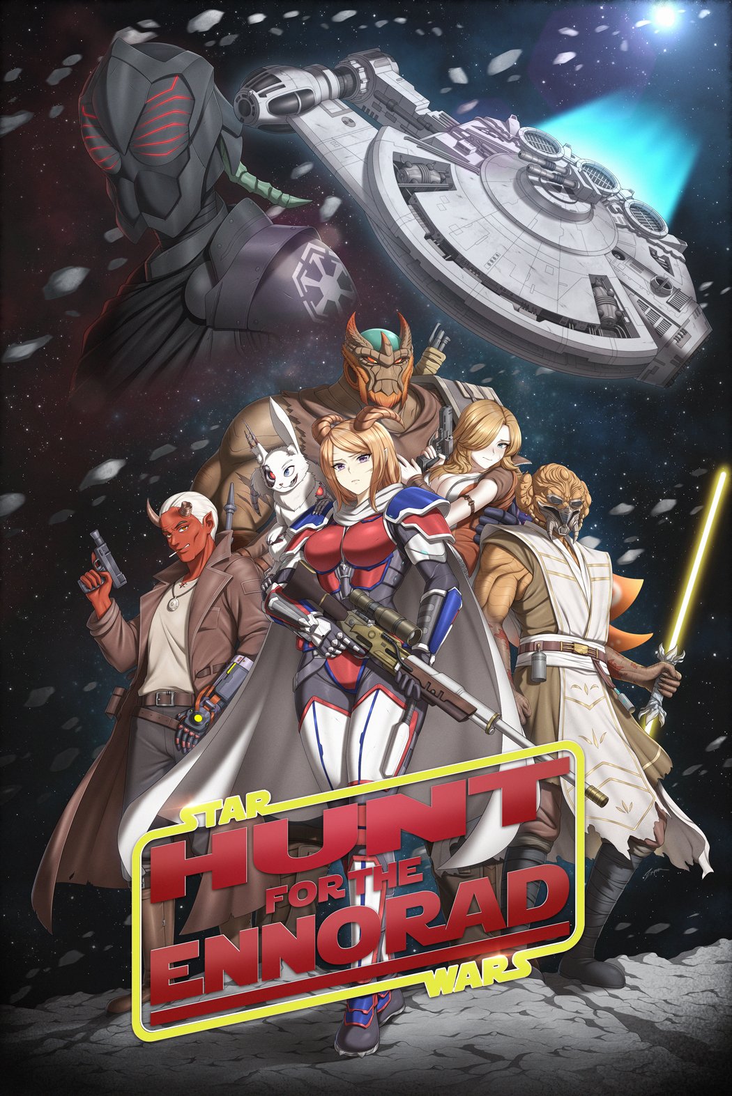 2girls, 5boys, alien, armor, asteroid, black_armor, blonde_hair, blue_eyes