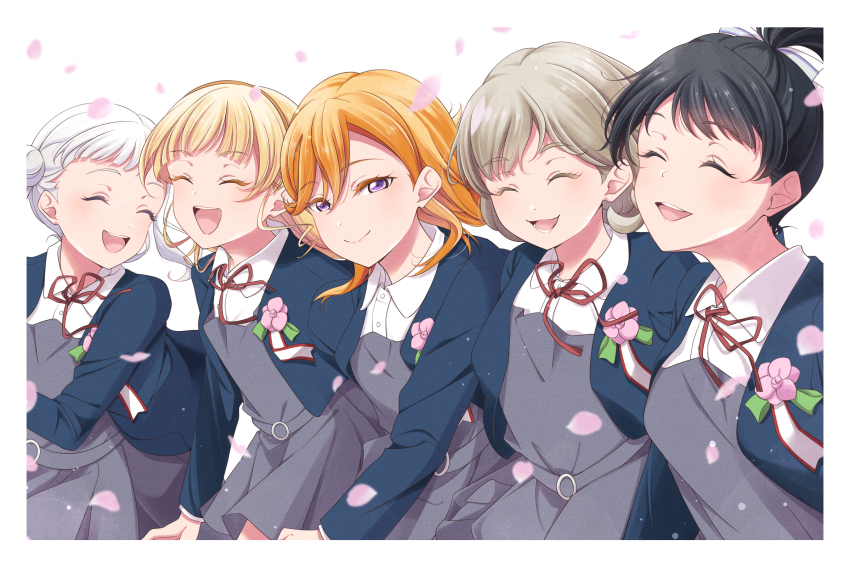 5girls, :d, ^_^, arashi_chisato, arched_bangs, black_hair, blonde_hair, blunt_bangs