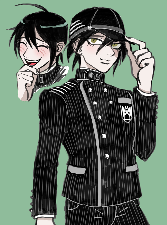 1boy, ^_^, adjusting_clothes, adjusting_headwear, ahoge, arm_at_side, baseball_cap, black_hair