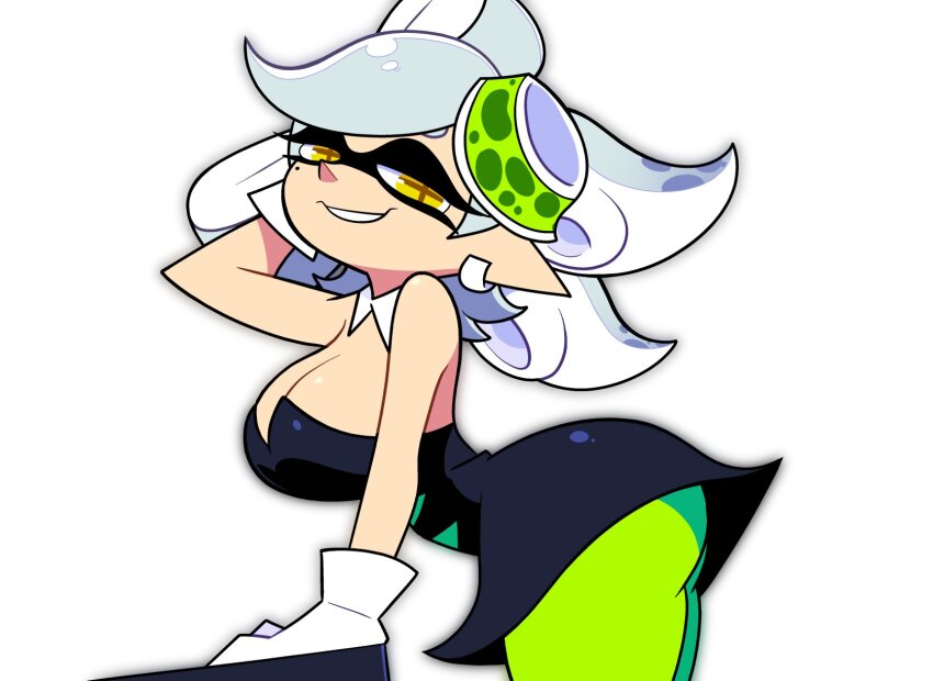 1girl, alternate_breast_size_(larger), black_dress, bow-shaped_hair, breasts, cup, cup_hair_ornament, detached_collar, dress, earrings, gloves, green_dress, green_pantyhose, grin, jewelry, large_breasts, marie_(splatoon), medium_hair, mole, mole_under_eye, nintendo, pantyhose, scott_falco, smile, splatoon_(series), squid_girl, star-shaped_pupils, star_(symbol), strapless, strapless_dress, symbol-shaped_pupils, two-tone_dress, white_background, white_gloves, white_hair, yellow_eyes